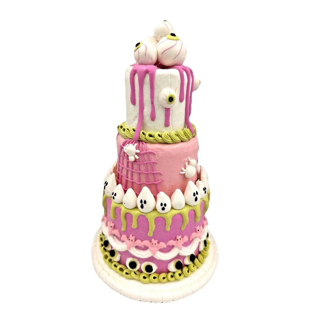 Ghoulish Halloween Faux Cake Pink Pastel 3 Tier Spooky LED Lights NWT